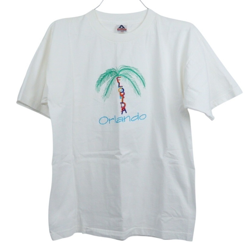 VTG 90s Florida Orlando Palm Tree Embroidered T-Shirt White S.S. Size‎ M/L